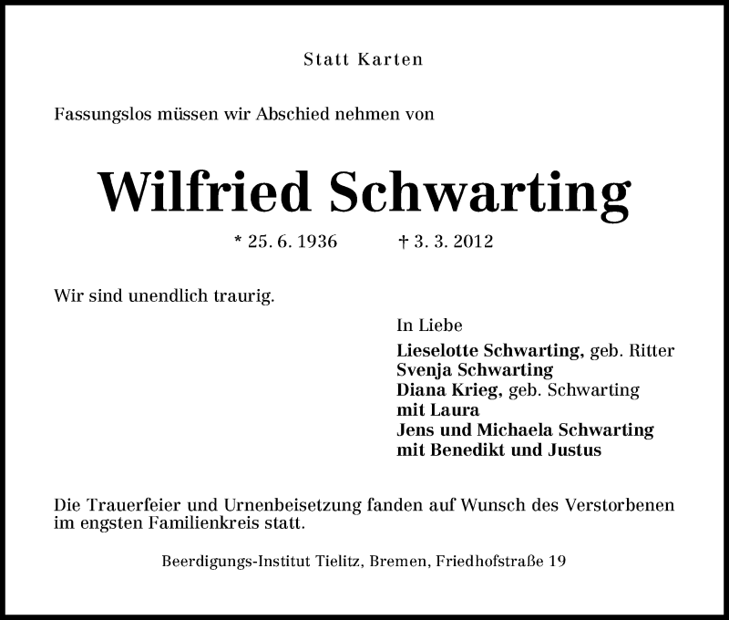 Traueranzeige von Wilfried Schwarting von WESER-KURIER