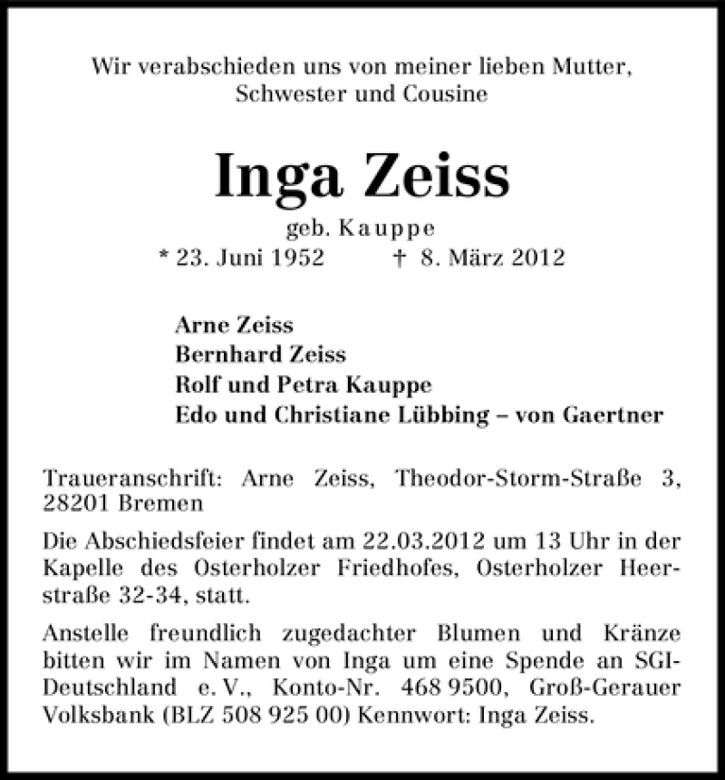 Traueranzeige von Inga Zeiss von WESER-KURIER