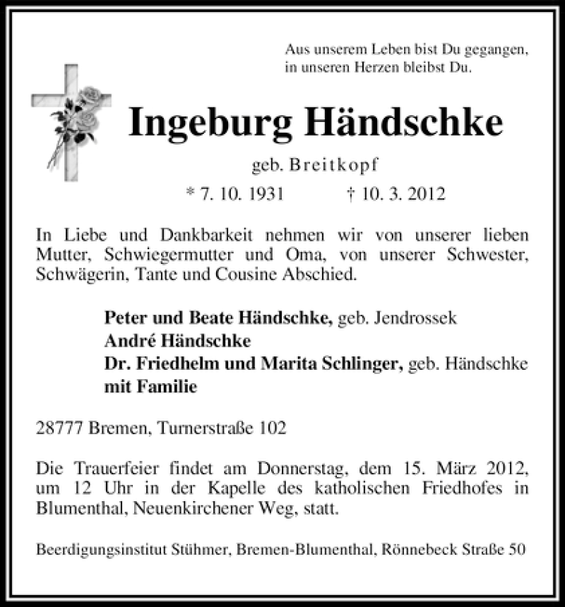 Traueranzeige von Ingeburg Händschke von WESER-KURIER