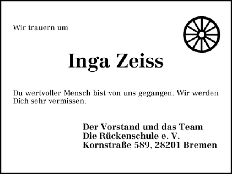 Traueranzeige von Inga Zeiss von WESER-KURIER