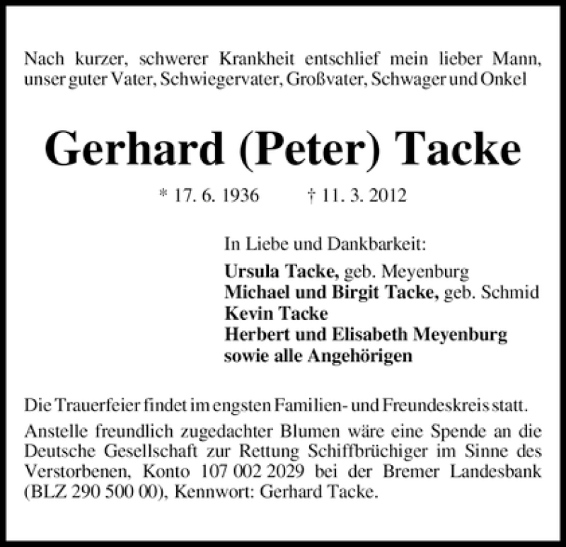 Traueranzeige von Gerhard  Tacke von WESER-KURIER