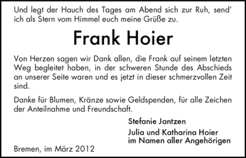 Traueranzeige von Frank Hoier von WESER-KURIER