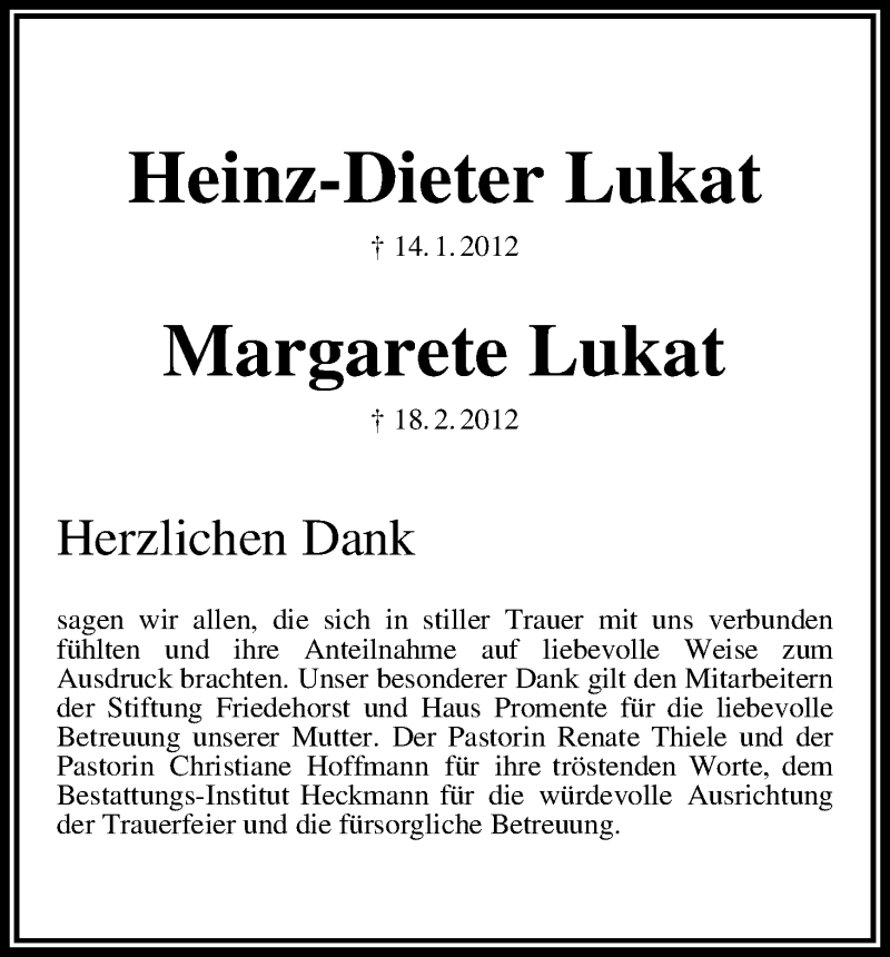  Traueranzeige für Heinz-Dieter Lukat vom 15.03.2012 aus WESER-KURIER