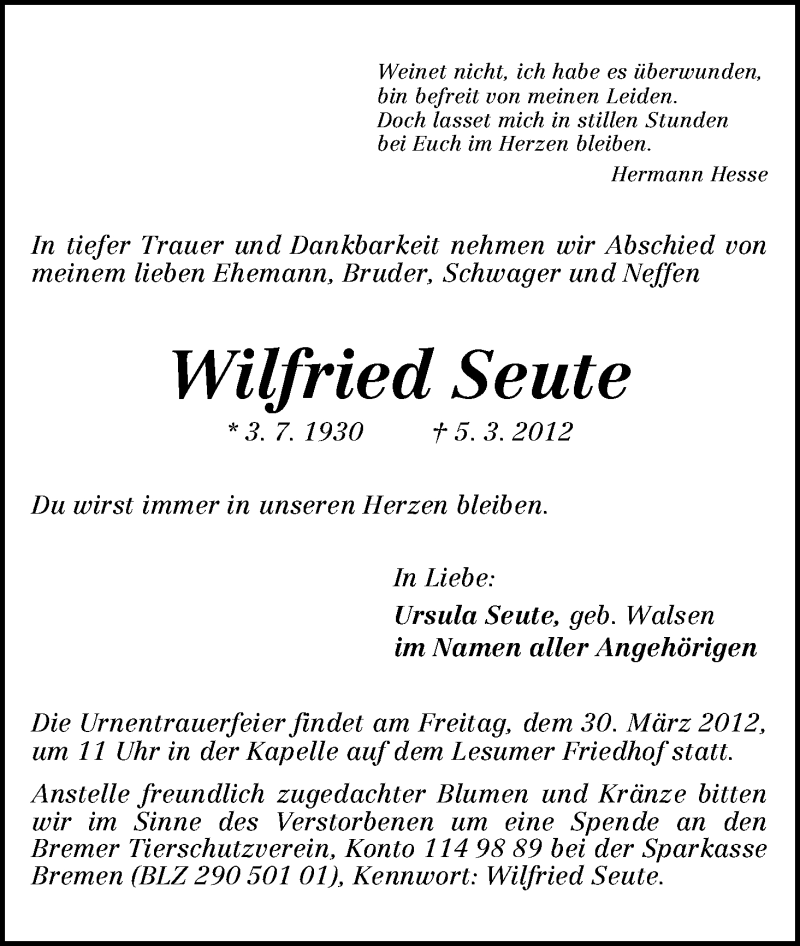 Traueranzeige von Wilfried Seute von WESER-KURIER