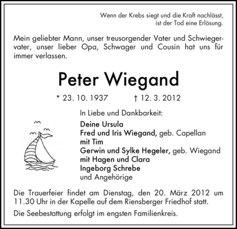 Traueranzeige von Peter Wiegand von WESER-KURIER