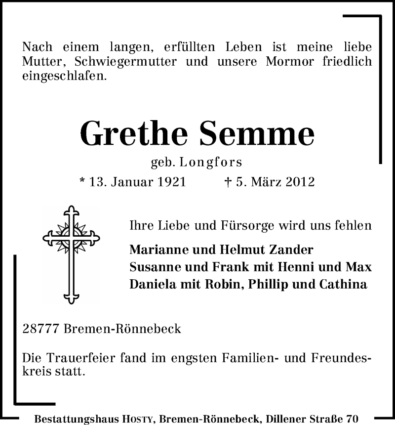 Traueranzeige von Grethe Semme von WESER-KURIER