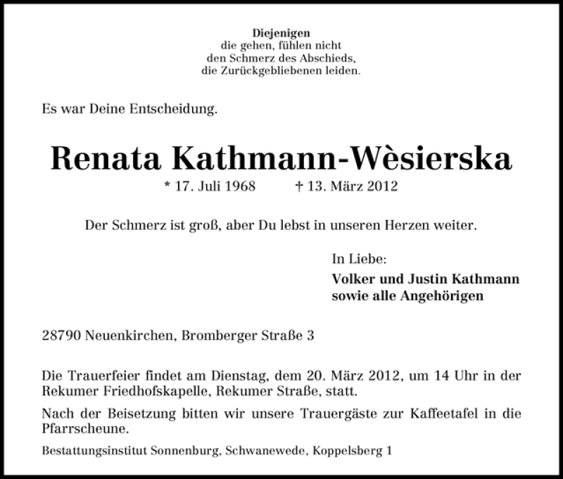  Traueranzeige für Renata Kathmann-Wèsierska vom 17.03.2012 aus WESER-KURIER