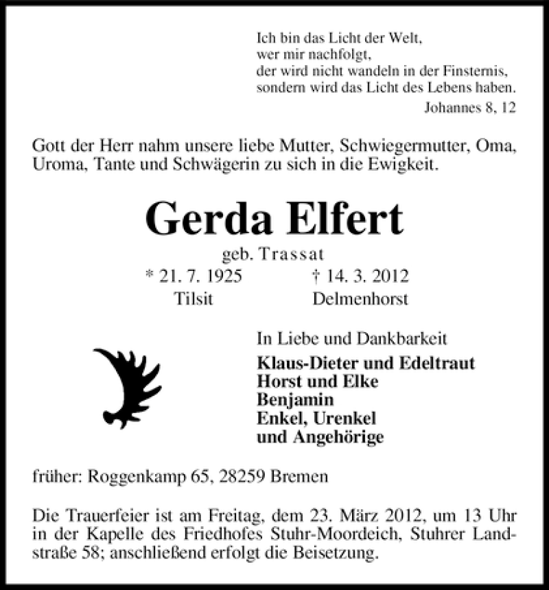 Traueranzeige von Gerda Elfert von WESER-KURIER
