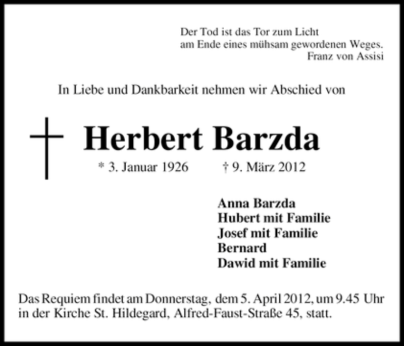 Traueranzeige von Herbert Barzda von WESER-KURIER