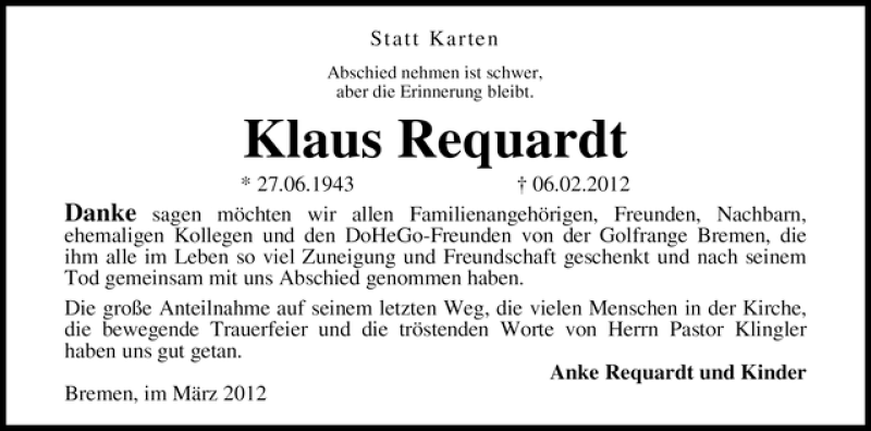 Traueranzeige von Klaus Requardt von WESER-KURIER