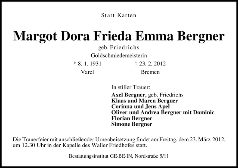 Traueranzeige von Margot Dora Frieda Emma Bergner von WESER-KURIER