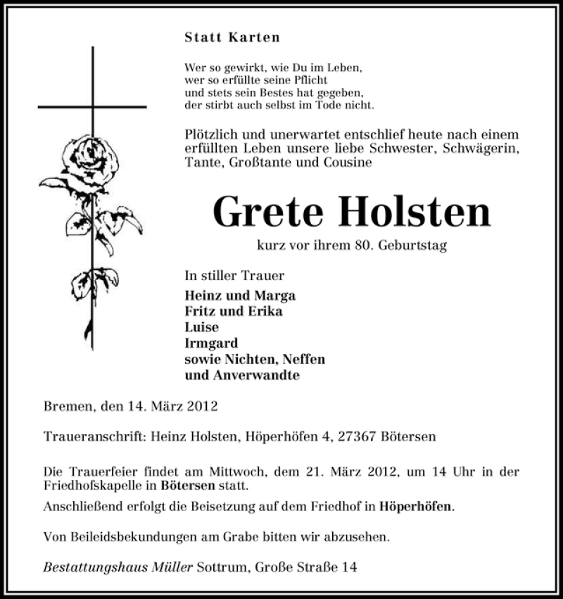 Traueranzeige von Grete Holsten von WESER-KURIER