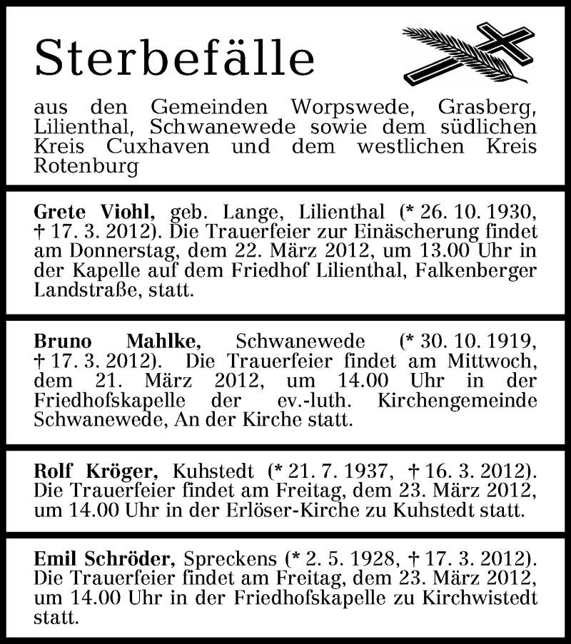 Traueranzeige von Sterbefälle vom 20.03.2012 von WESER-KURIER