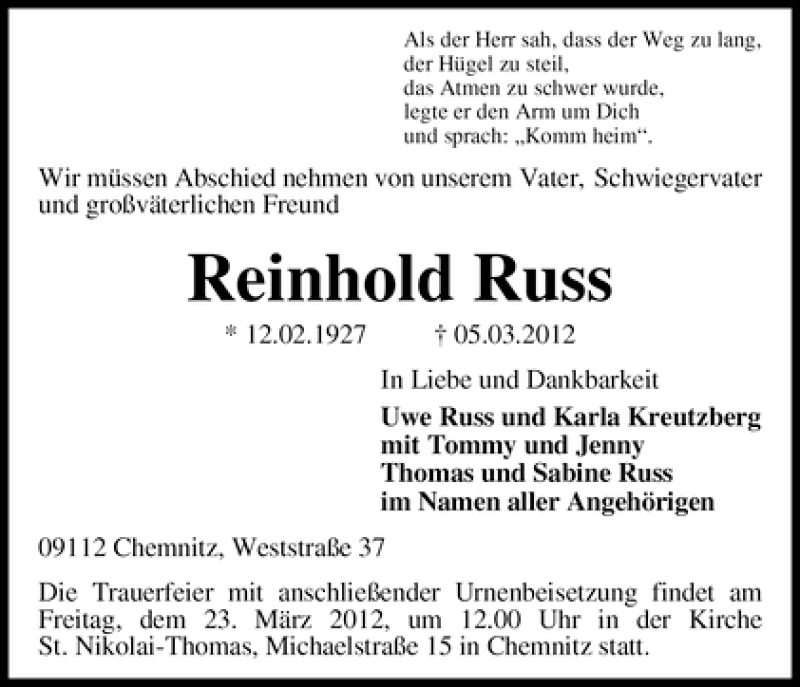 Traueranzeige von Reinhold Russ von WESER-KURIER