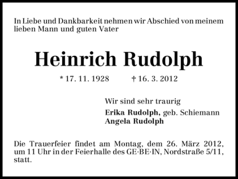 Traueranzeige von Heinrich Rudolph von WESER-KURIER