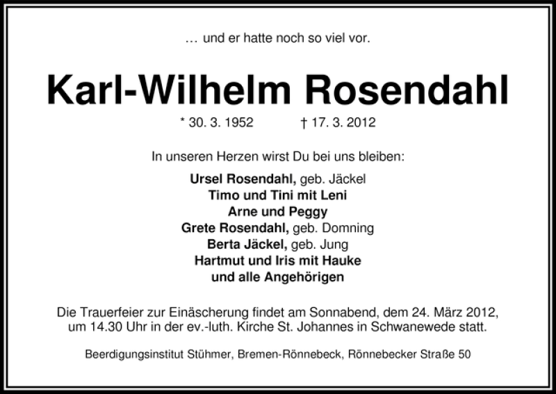 Traueranzeige von Karl-Wilhelm Rosendahl von WESER-KURIER