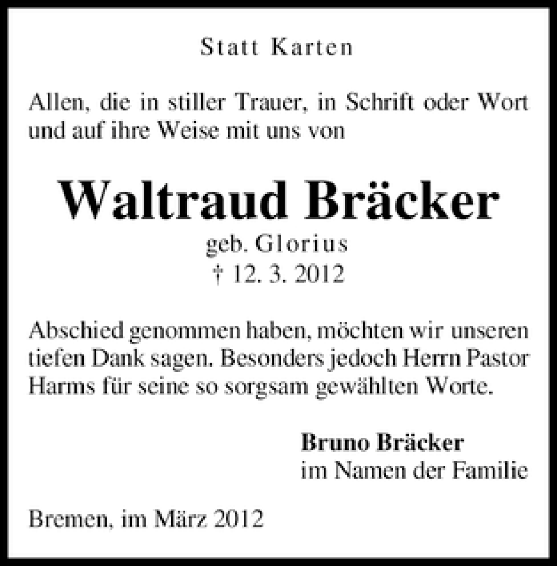 Traueranzeige von Waltraud Bräcker von WESER-KURIER