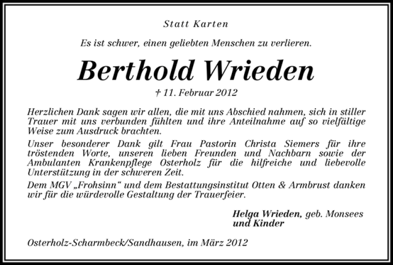 Traueranzeige von Berthold Wrieden von WESER-KURIER