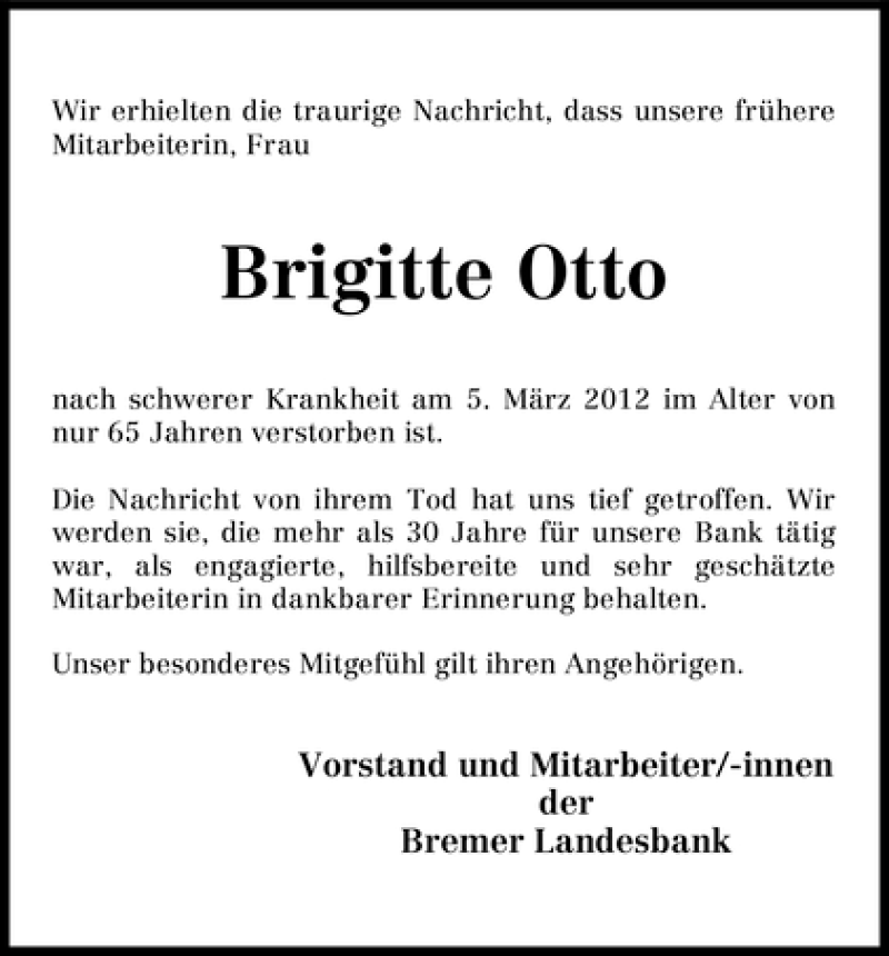 Traueranzeige von Brigitte Otto von WESER-KURIER