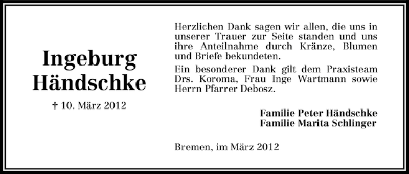 Traueranzeige von Ingeburg Händschke von WESER-KURIER