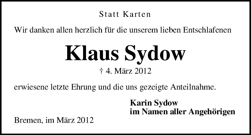 Traueranzeige von Klaus Sydow von WESER-KURIER