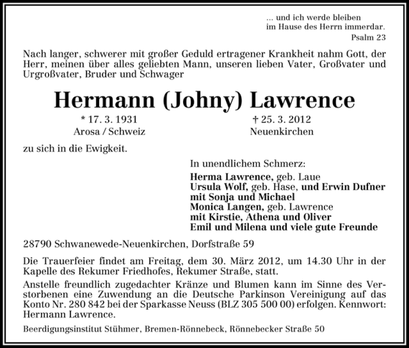 Traueranzeige von Hermann Lawrence von WESER-KURIER