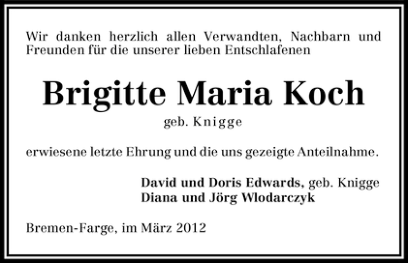 Traueranzeige von Brigitte Maria Koch von WESER-KURIER