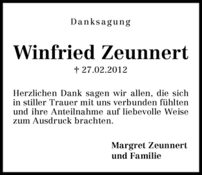 Traueranzeige von Winfried Zeunnert von WESER-KURIER