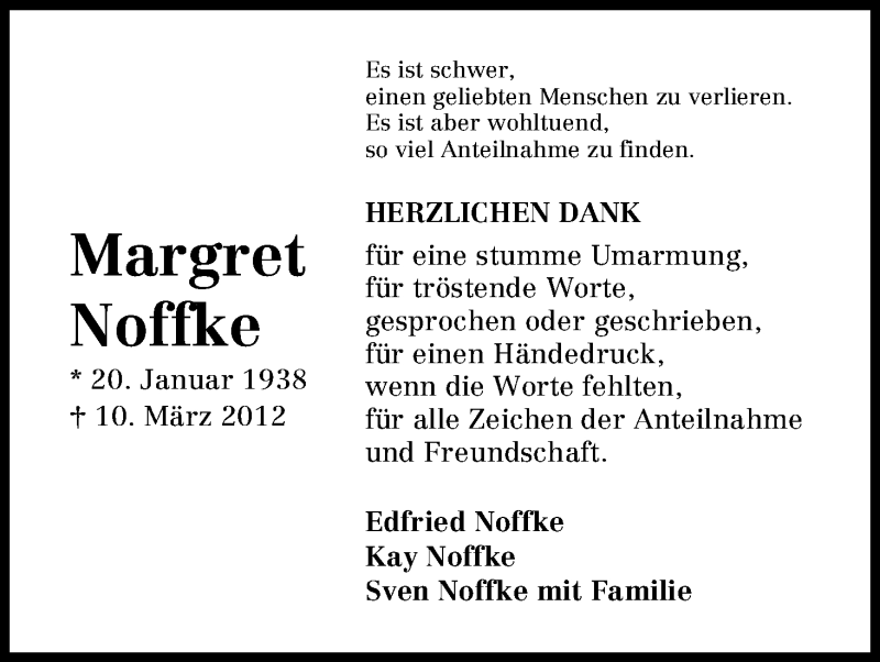 Traueranzeige von Margret Noffke von WESER-KURIER