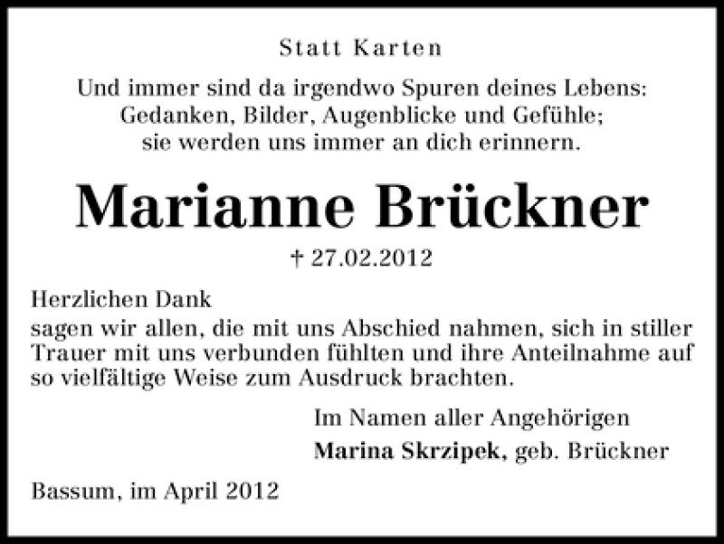 Traueranzeige von Marianne Brückner von WESER-KURIER