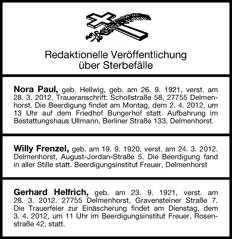 Traueranzeige von Sterbefälle vom 30.03.2012 von WESER-KURIER