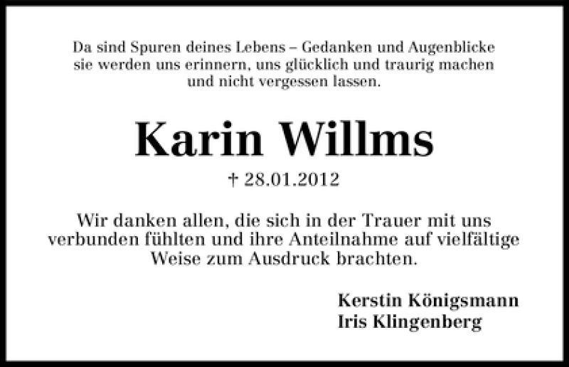 Traueranzeige von Karin Willms von WESER-KURIER