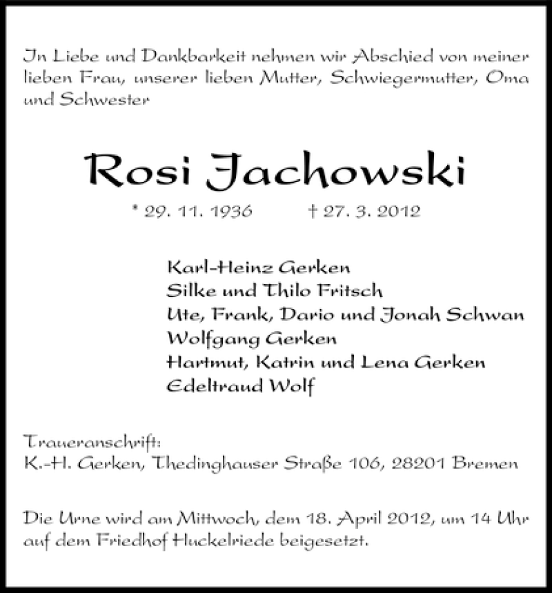 Traueranzeige von Rosi Jachowski von WESER-KURIER