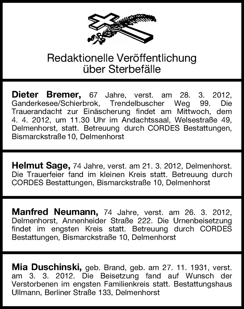 Traueranzeige von Sterbefälle vom 31.03.2012 von WESER-KURIER