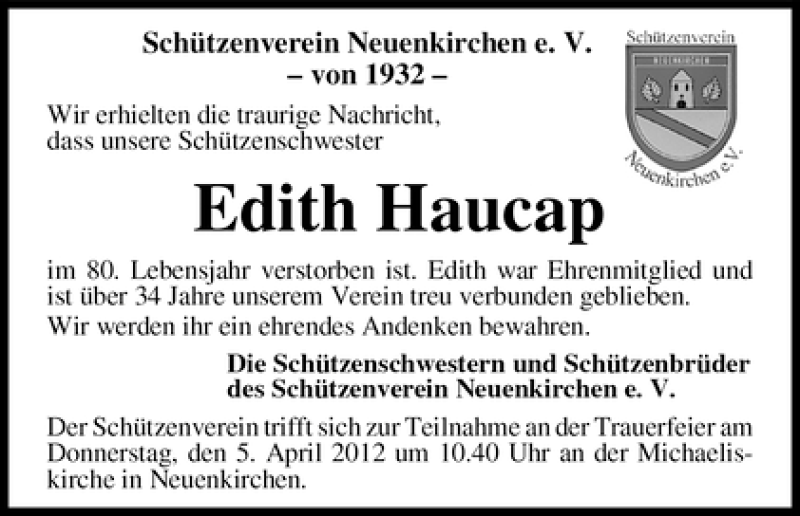 Traueranzeige von Edith Haucap von WESER-KURIER