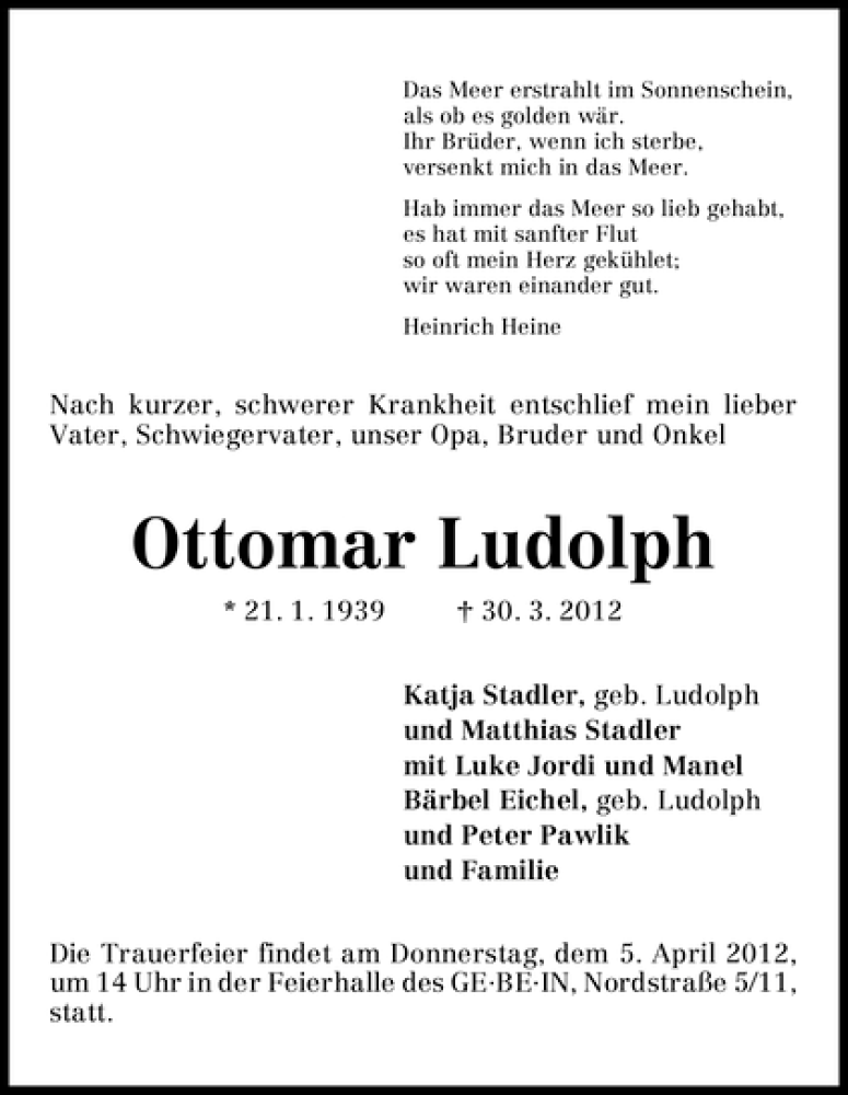 Traueranzeige von Ottomar Ludolph von WESER-KURIER