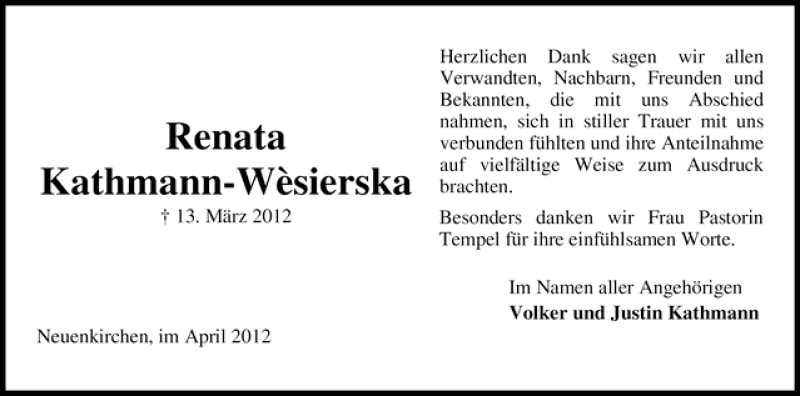 Traueranzeige von Renata Kathmann-Wèsierska von WESER-KURIER