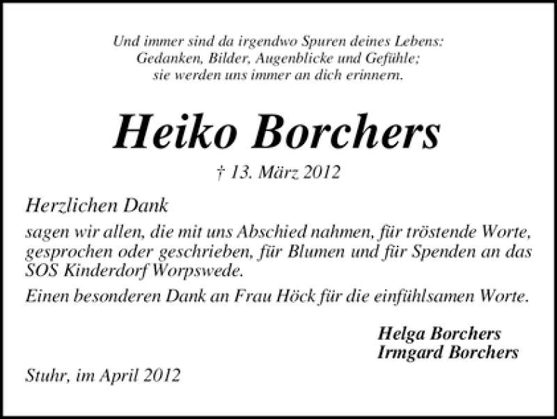 Traueranzeige von Heiko Borchers von WESER-KURIER