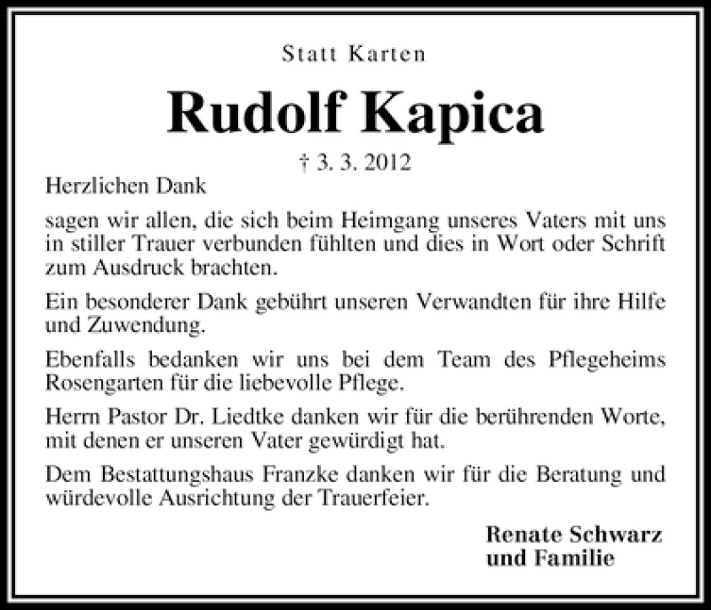 Traueranzeige von Rudolf Kapica von WESER-KURIER