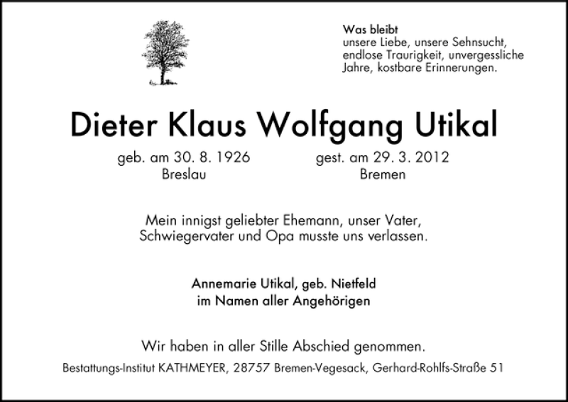 Traueranzeige von Dieter Klaus Wolfgang Utikal von WESER-KURIER