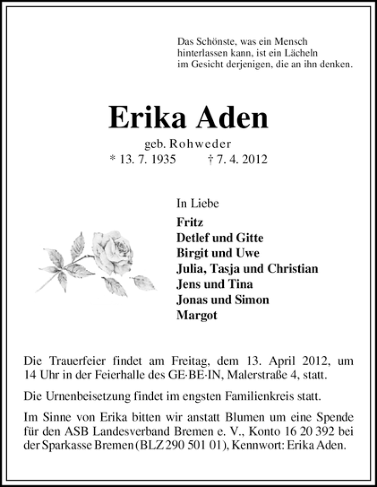  Traueranzeige für Erika Aden vom 11.04.2012 aus WESER-KURIER