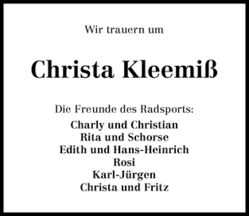 Traueranzeige von Christa Kleemiß von WESER-KURIER