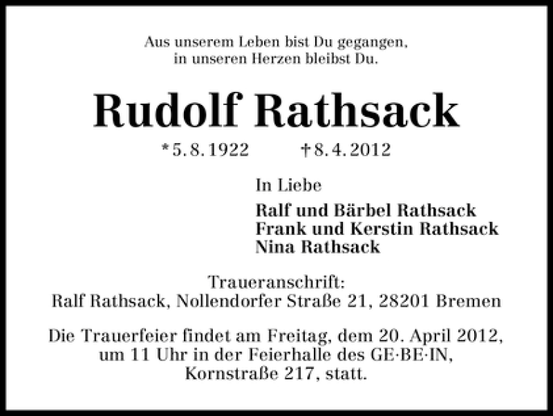 Traueranzeige von Rudolf Rathsack von WESER-KURIER