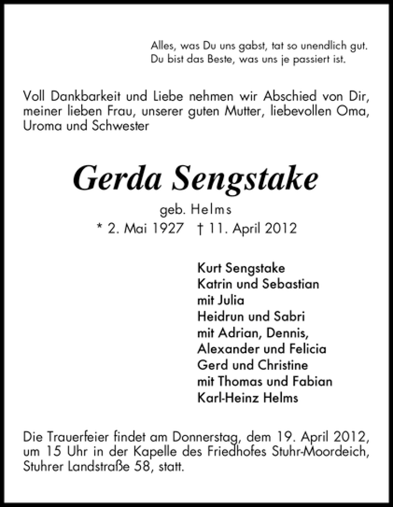Traueranzeige von Gerda Sengstake von WESER-KURIER
