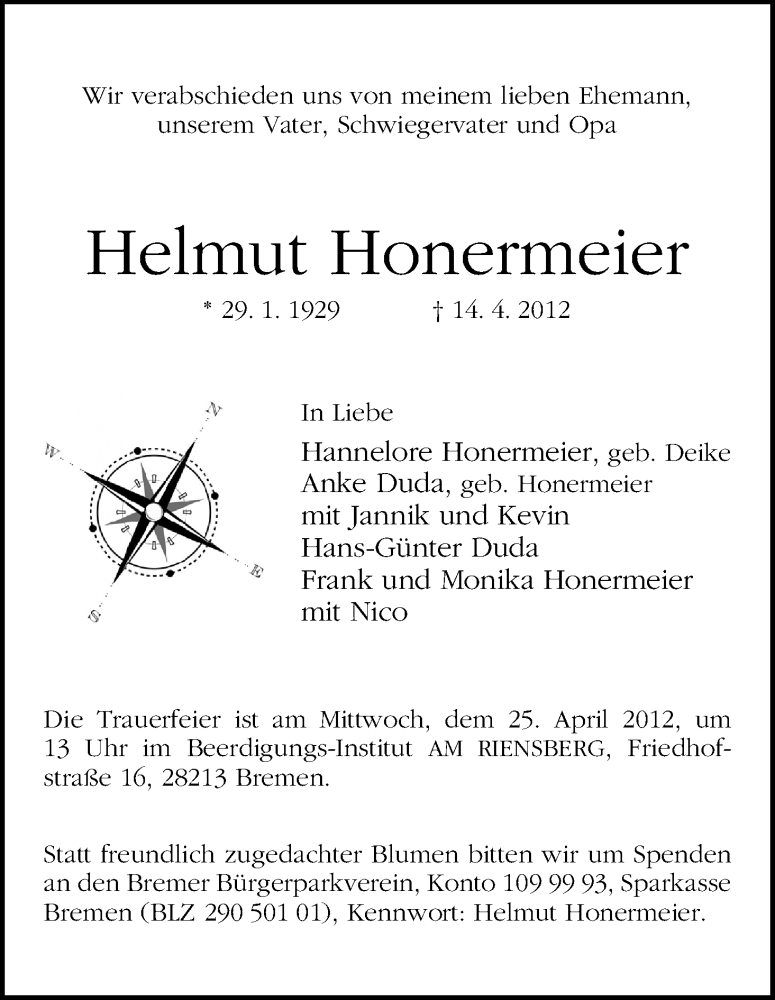 Traueranzeige von Helmut Honermeier von WESER-KURIER