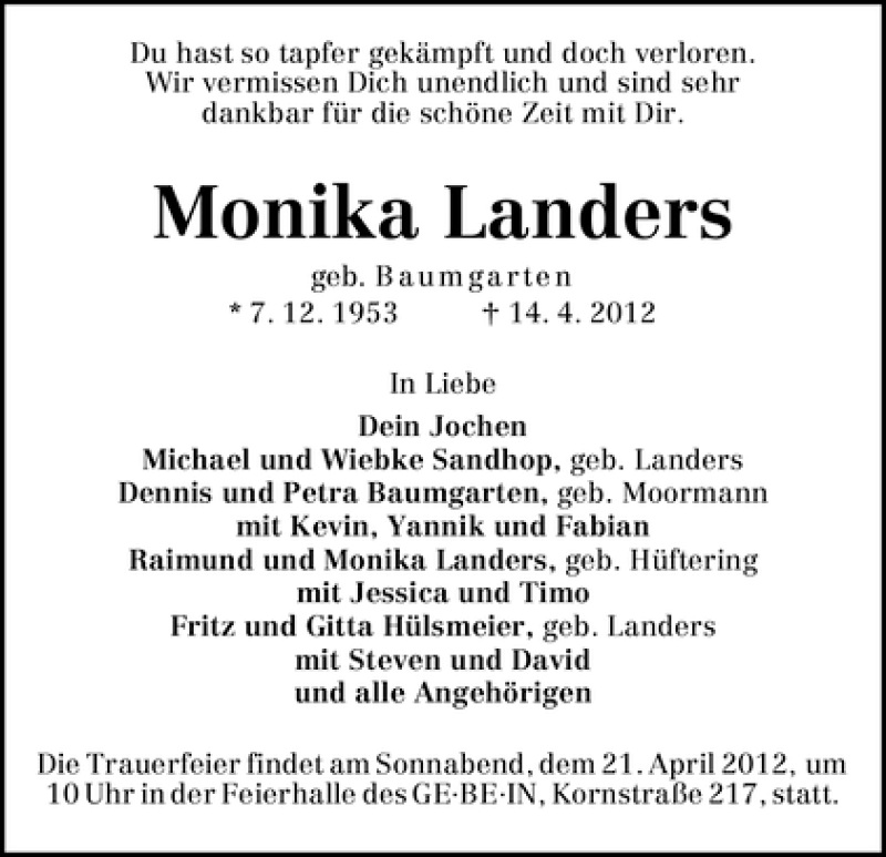  Traueranzeige für Monika Landers vom 18.04.2012 aus WESER-KURIER