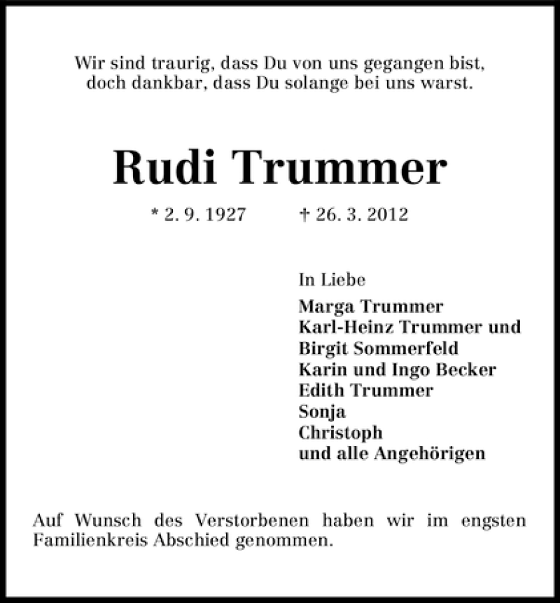 Traueranzeige von Rudi Trummer von WESER-KURIER