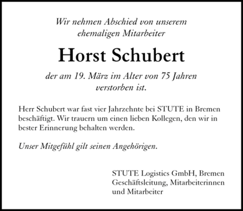 Traueranzeige von Horst Schubert von WESER-KURIER