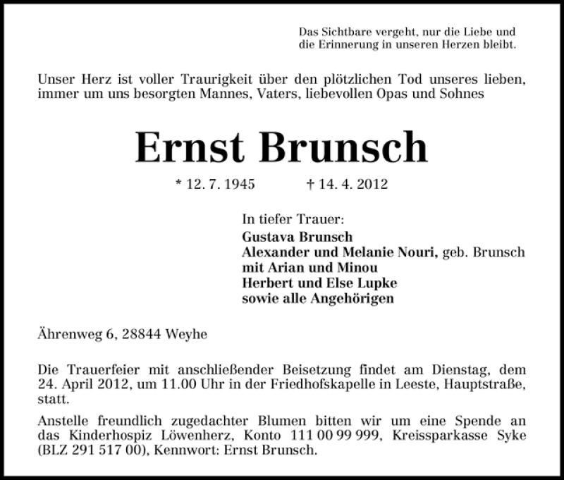  Traueranzeige für Ernst Brunsch vom 19.04.2012 aus WESER-KURIER