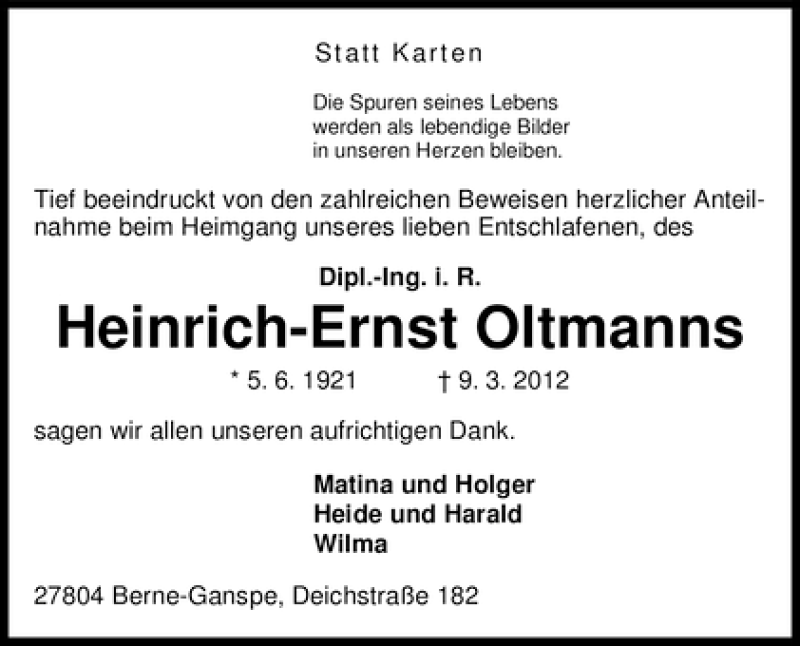 Traueranzeige von Heinrich-Ernst Oltmanns von WESER-KURIER